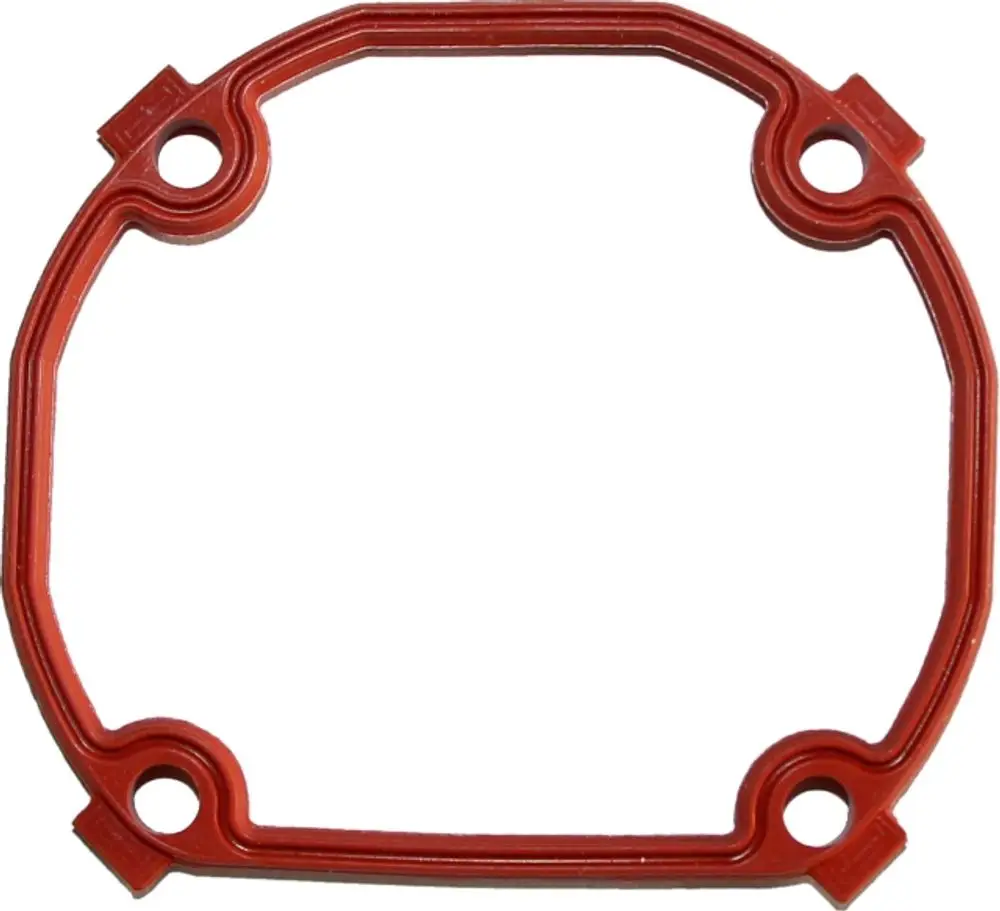 Rote Dichtung für Gasgebläse-Brennkammerdeckel, passend für Wolf-Produkte, mit vier Befestigungslöchern und konturiertem Design.